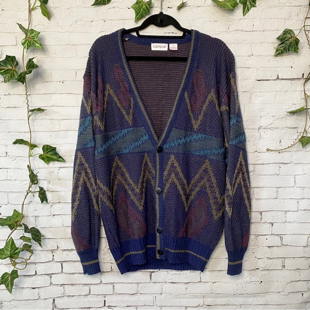 Campus Cardigan Sweater Large Vintage Color Striped Retro Acrylic Taiwan VTG
